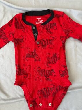 Carter's Red Ribbed Cat Print One-Piece with Black Trim